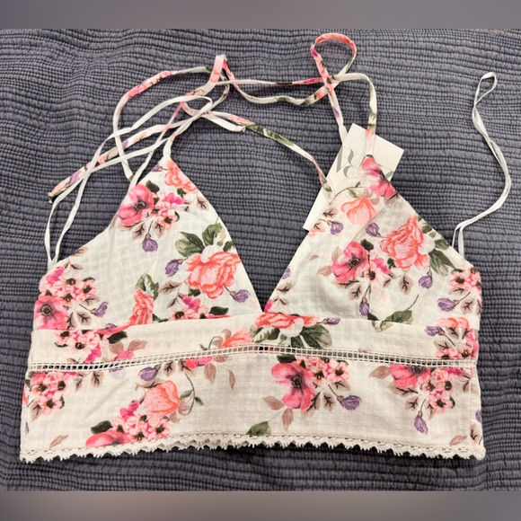 ZARA Floral Crop Top Strappy Back Crop Top M White Pink NWT - Picture 1 of 6